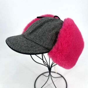 NWT Hat Attack Faux Fur Trapper Hat Bright Pink and Houndstooth Wool Blend